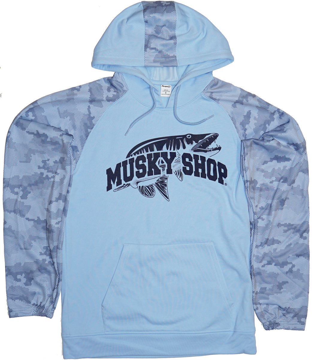 Performance UPF Hoodie with Blue Camo Sleeves & Hood Blue Mist / Small